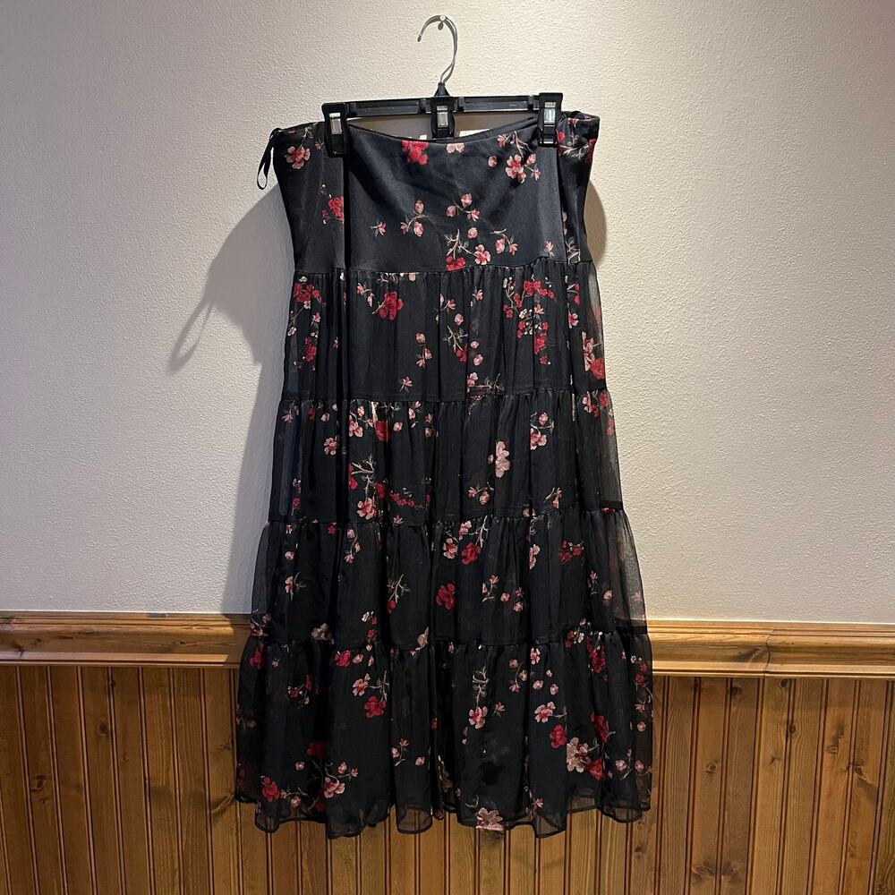 Lauren Ralph Lauren Black and Red Floral Tiered Maxi Skirt